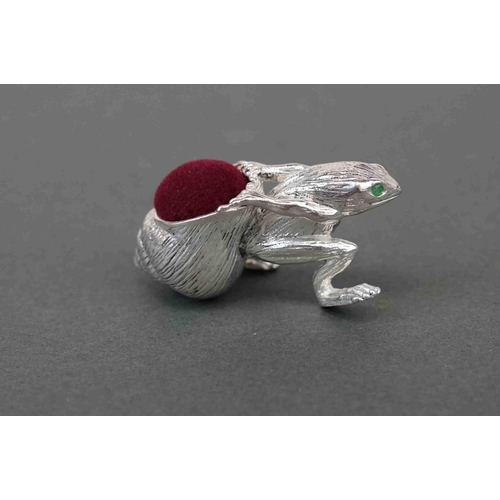 289 - Silver plated pincushion in the form of a toad carrying a shell