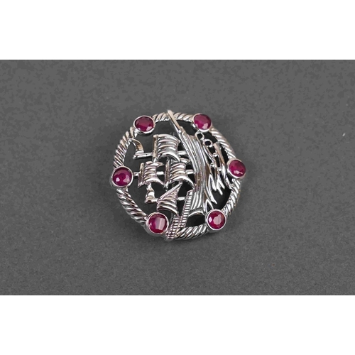 303 - Silver brooch, in the form of a ship, set with rubies, stamped sterling