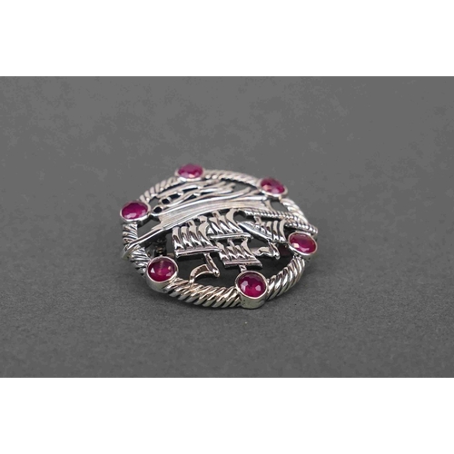 303 - Silver brooch, in the form of a ship, set with rubies, stamped sterling