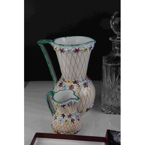 105 - A mid 20th century Gouda pottery vase together with a cut glass decanter, cased set of collectors sp... 