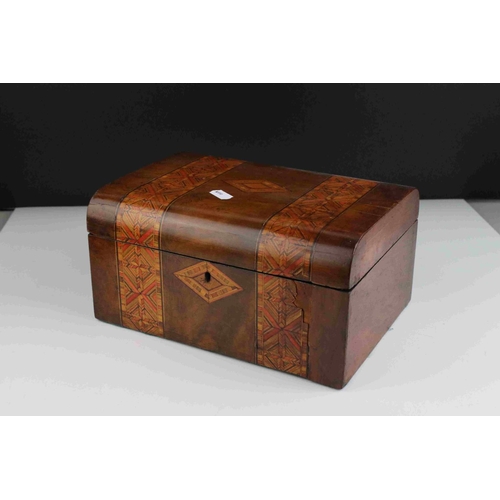 123 - Two Victorian Walnut Sewing / Jewellery Boxes, one with tunbridgeware inlay, each 25cms long