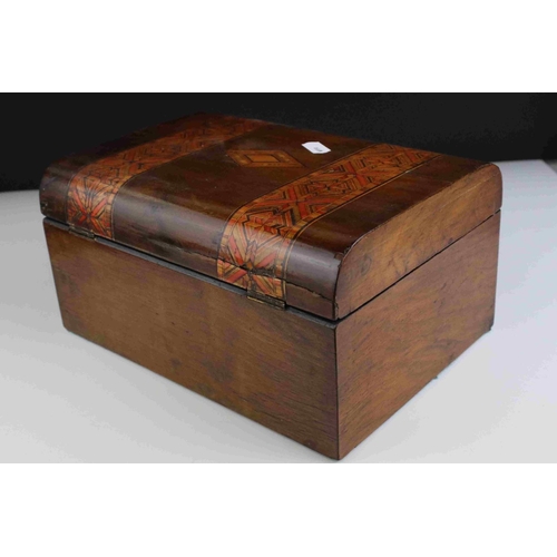 123 - Two Victorian Walnut Sewing / Jewellery Boxes, one with tunbridgeware inlay, each 25cms long