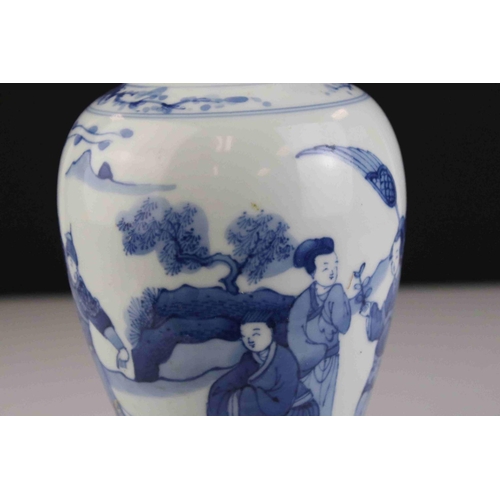 13 - Chinese Porcelain Blue and White Baluster Vase decorated with figures, six character marks to base, ... 