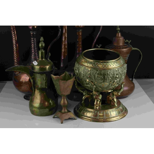 130 - Collection of Indian / Persian Metalware including Three Copper and One Brass Coffee Pots, Brass Emb... 