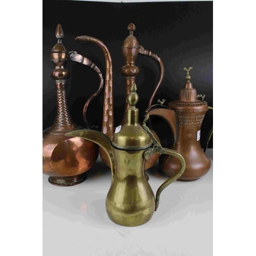 130 - Collection of Indian / Persian Metalware including Three Copper and One Brass Coffee Pots, Brass Emb... 