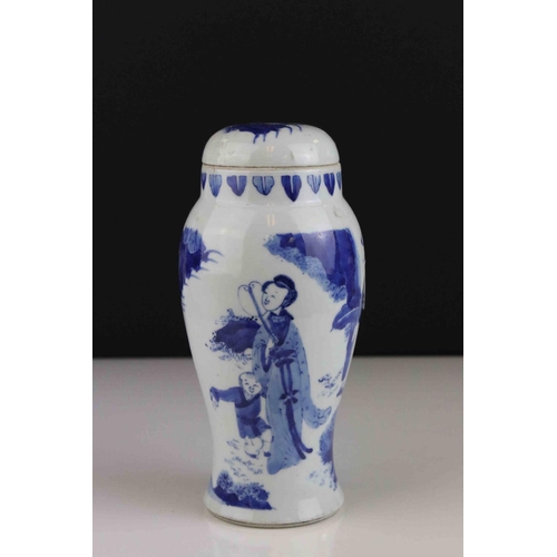 24 - Chinese Porcelain Blue and White Lidded Vase / Jar decorated with figures, double blue rings to base... 