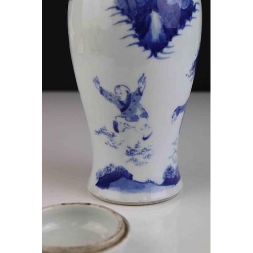 24 - Chinese Porcelain Blue and White Lidded Vase / Jar decorated with figures, double blue rings to base... 