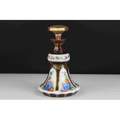 25 - 19th century Bohemian red ground Glass Decanter with gilt and painted floral panels.