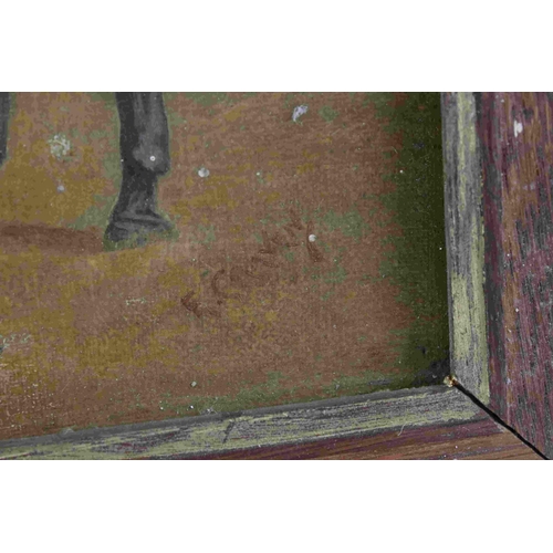 34 - Early 20th century oil on board of a horse in stable with indistinct signature  24 x 29 cm .