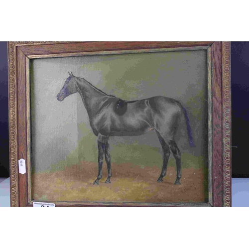 34 - Early 20th century oil on board of a horse in stable with indistinct signature  24 x 29 cm .