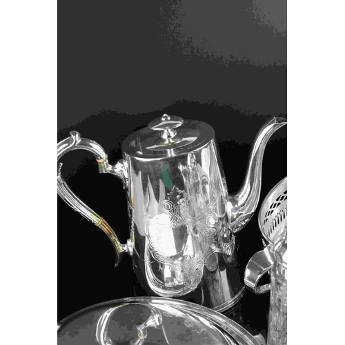 67 - A box of mixed silver plated items to include a coffee pot, cream jug, sugar shaker and a quantity o... 