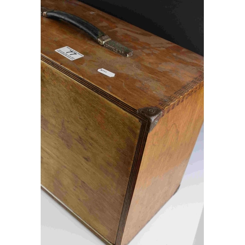 77 - A vintage wooden portable collectors cabinet with 5 internal drawers of various sizes.