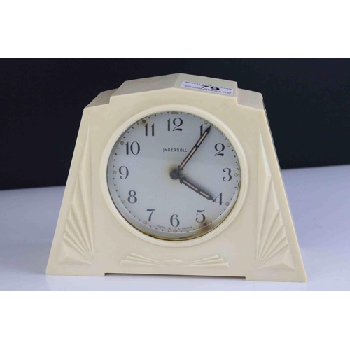 79 - Art Deco White / Cream Bakelite Cased Ingersoll Mantle Clock, 14cms high