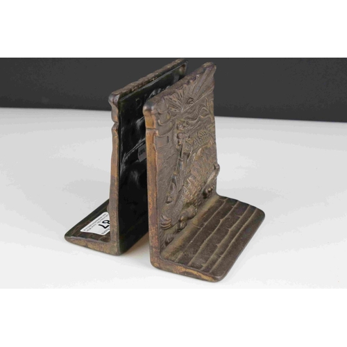 87 - A pair of oriental style bronze bookends with dragon decoration, registration mark to reverse.