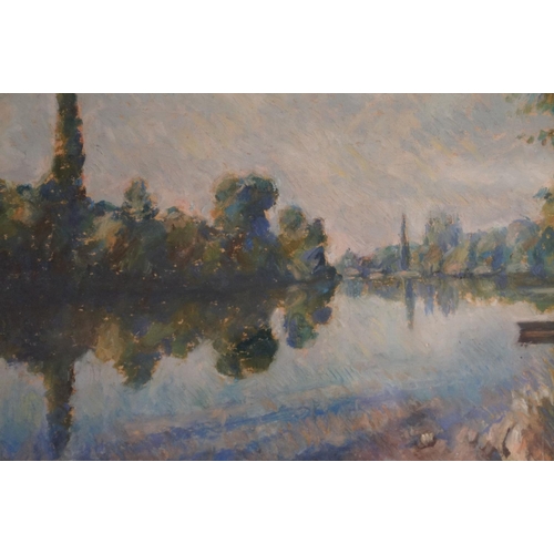 409 - A impressionist oil painting, river scene signed Sowman, approx. 21 x 29 cm