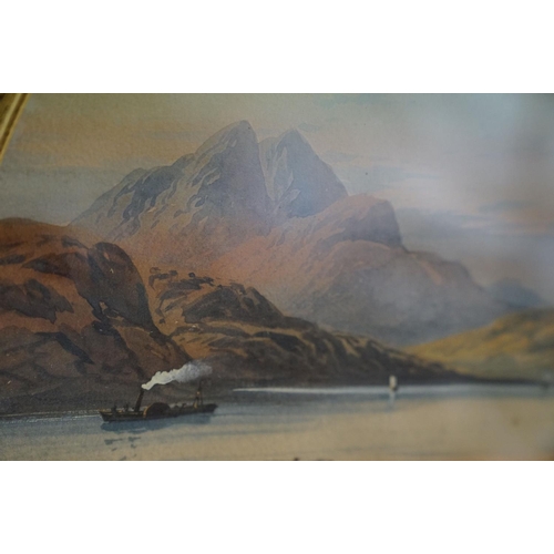 410 - An early 20th century oval gilt framed watercolour, mountain lake scene with fishermen and a steam p... 