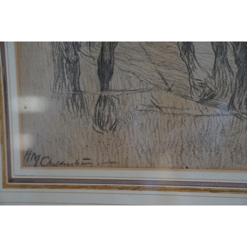 412 - Henry Mansfield Childerstone, 1878-1962, pencil drawing of two Shire Horses ploughing, signed 29 x 2... 