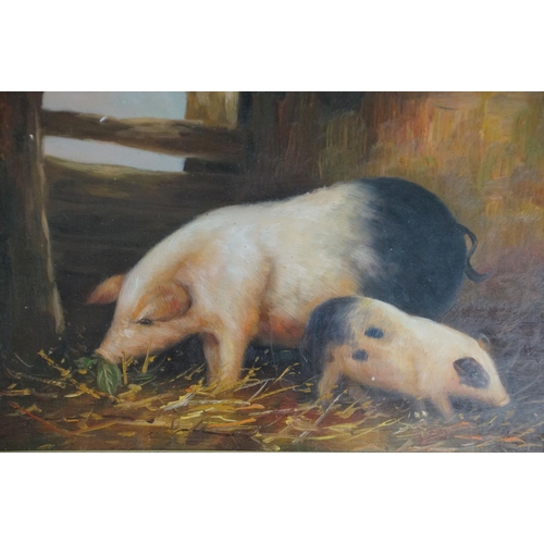 414 - Oil on board, a study of a sow and piglet in a barn