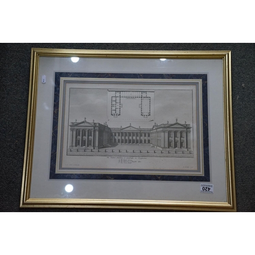 420 - A framed and glazed E Kirkall architectural engraving of Cambridge public building The Royal Library... 