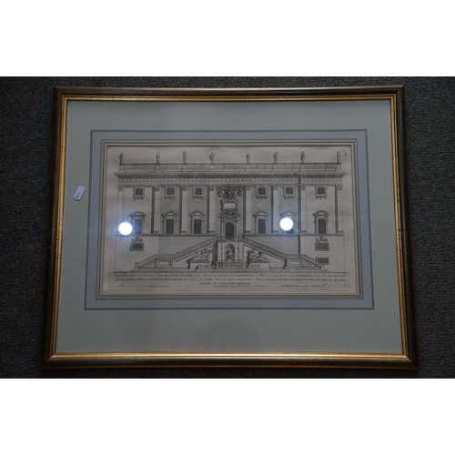 420 - A framed and glazed E Kirkall architectural engraving of Cambridge public building The Royal Library... 