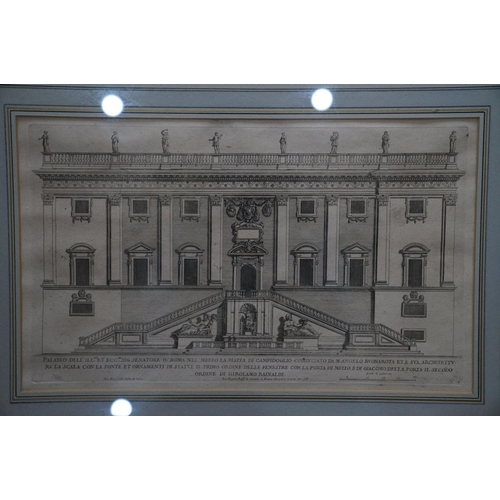 420 - A framed and glazed E Kirkall architectural engraving of Cambridge public building The Royal Library... 