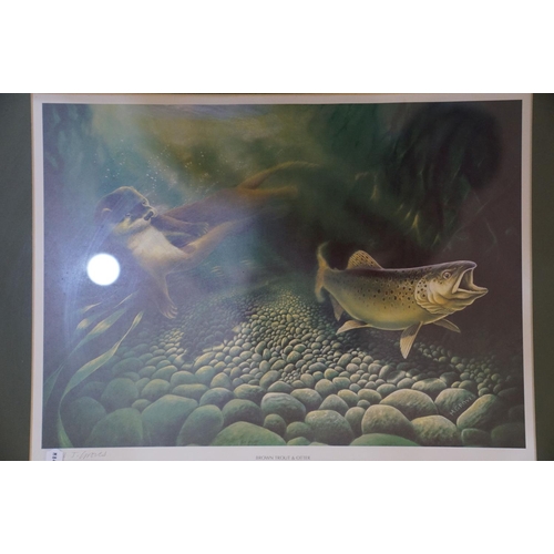 424 - M Groves, angling interest,  a set of 9 framed and glazed fish prints to include Salmon, Bass, Brown... 