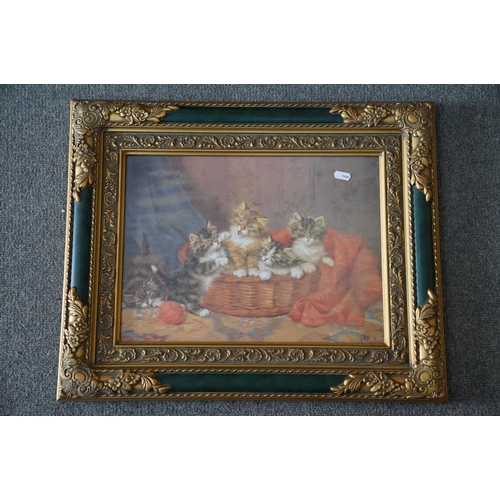 425 - A group of prints to include a framed and glazed image of kittens in a basket, similar Pears Print S... 