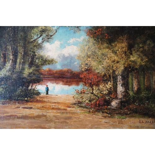 432 - S A Mason, antique oil on canvas painting, figure by a lakeside with trees, signed 50 x 74 cm.