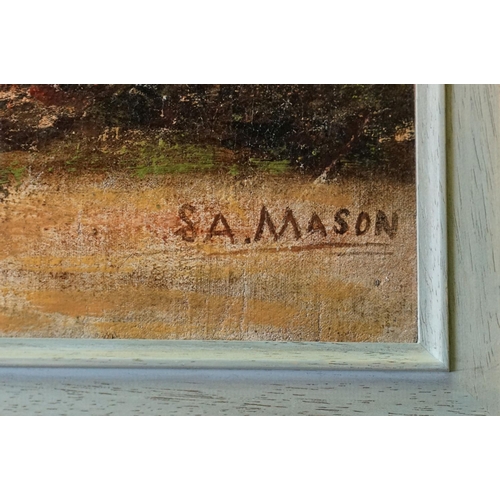 432 - S A Mason, antique oil on canvas painting, figure by a lakeside with trees, signed 50 x 74 cm.