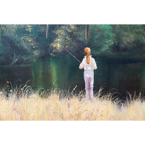 434 - A contemporary oil on board, girl fishing in a rural river setting, 59 x 43 cm