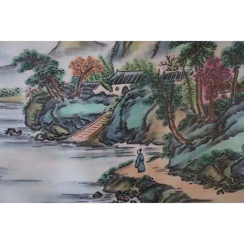 448 - Two scenic Chinese pictures, one in silk, exotic birds in blossom trees & a river landscape