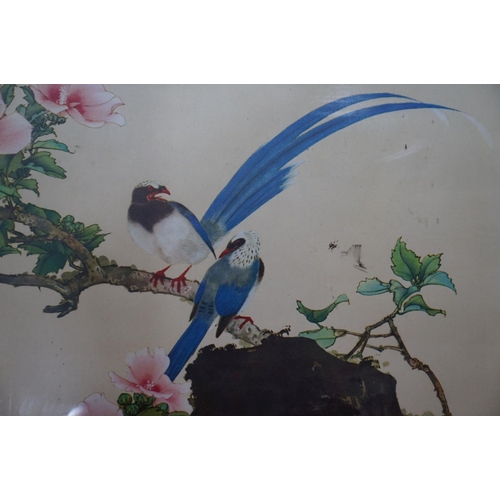 448 - Two scenic Chinese pictures, one in silk, exotic birds in blossom trees & a river landscape