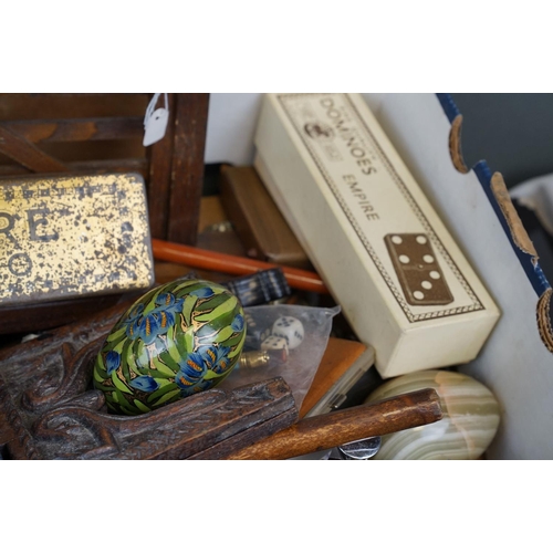 400 - A box of mixed collectables to include a pipe rack in the form of a gate, boxed vintage scales & wei... 