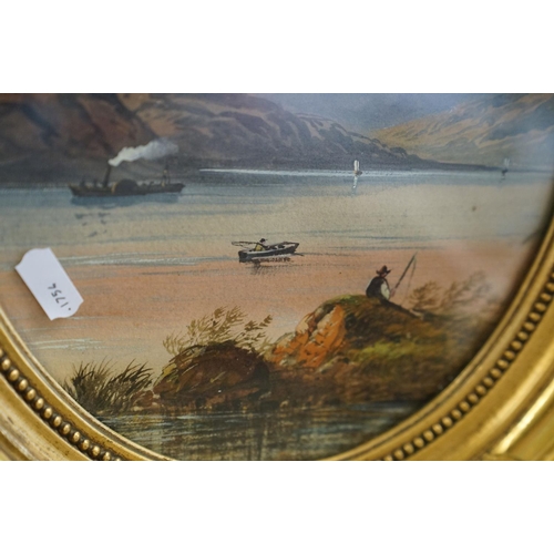 410 - An early 20th century oval gilt framed watercolour, mountain lake scene with fishermen and a steam p... 