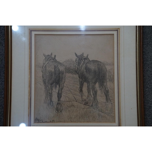 412 - Henry Mansfield Childerstone, 1878-1962, pencil drawing of two Shire Horses ploughing, signed 29 x 2... 