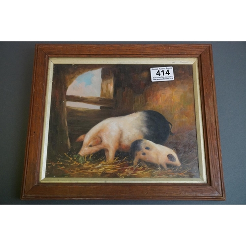 414 - Oil on board, a study of a sow and piglet in a barn