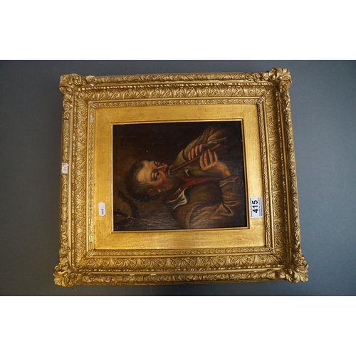 415 - A 19th century oil on panel, Continental portrait of a man playing a flute, mounted in an ornate gil... 