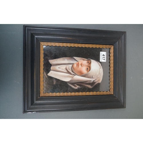 417 - Ebonized framed oil painting, portrait of a medieval nun