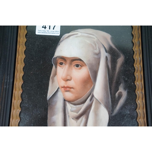 417 - Ebonized framed oil painting, portrait of a medieval nun