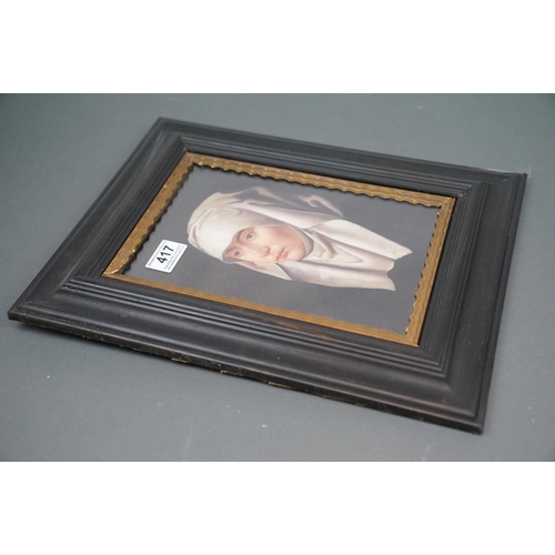 417 - Ebonized framed oil painting, portrait of a medieval nun