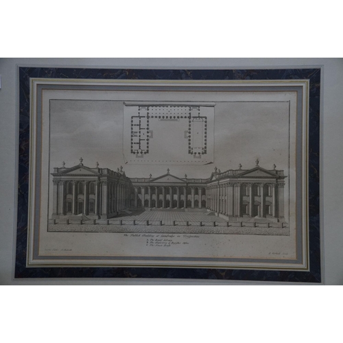 420 - A framed and glazed E Kirkall architectural engraving of Cambridge public building The Royal Library... 