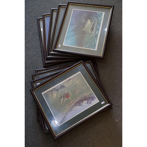 424 - M Groves, angling interest,  a set of 9 framed and glazed fish prints to include Salmon, Bass, Brown... 