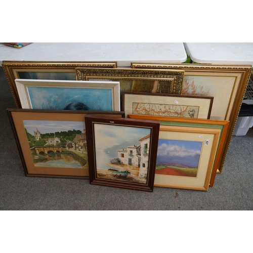 427 - A group of paintings and prints to include Seascape, Flighted Ducks, landscapes, a map of Cornwall, ... 