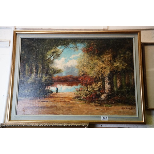 432 - S A Mason, antique oil on canvas painting, figure by a lakeside with trees, signed 50 x 74 cm.