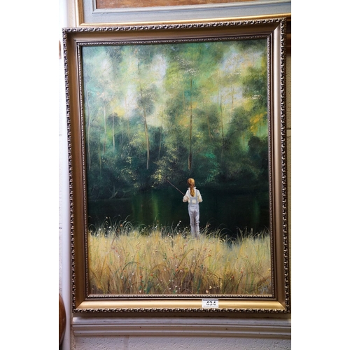 434 - A contemporary oil on board, girl fishing in a rural river setting, 59 x 43 cm