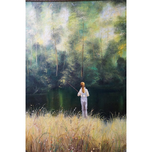 434 - A contemporary oil on board, girl fishing in a rural river setting, 59 x 43 cm