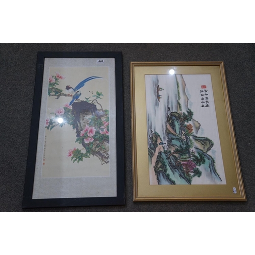 448 - Two scenic Chinese pictures, one in silk, exotic birds in blossom trees & a river landscape