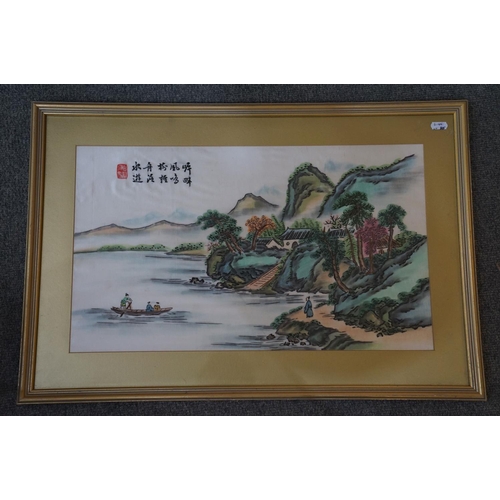 448 - Two scenic Chinese pictures, one in silk, exotic birds in blossom trees & a river landscape