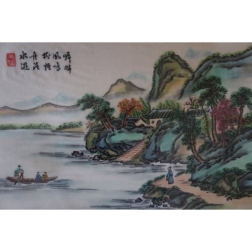 448 - Two scenic Chinese pictures, one in silk, exotic birds in blossom trees & a river landscape