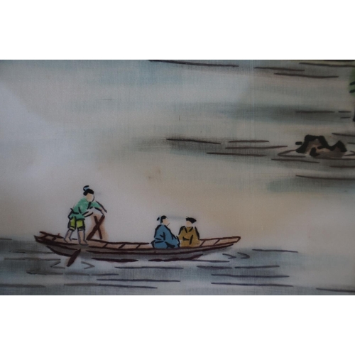 448 - Two scenic Chinese pictures, one in silk, exotic birds in blossom trees & a river landscape